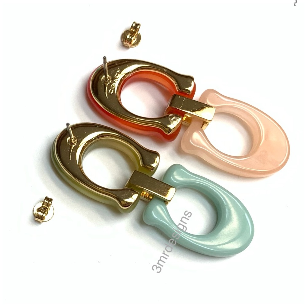 NWT COACH Signature C Logo 12-K Gold Plated Glass Crystals Resin Drop Earrings - Picture 6 of 10